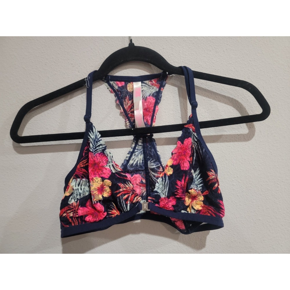 Victoria's Secret PINK Bralette Women's M Blue Floral Lace Unlined Strappy Sides